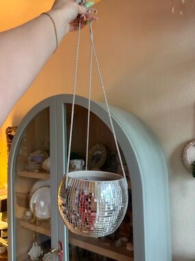 Hanging Mirrored Mosaic Planter - Silver Disco Ball Style